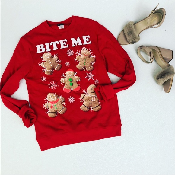 Fifth Sun Tops - Ugly Cute Christmas Holiday Sweatshirt “Bite Me”